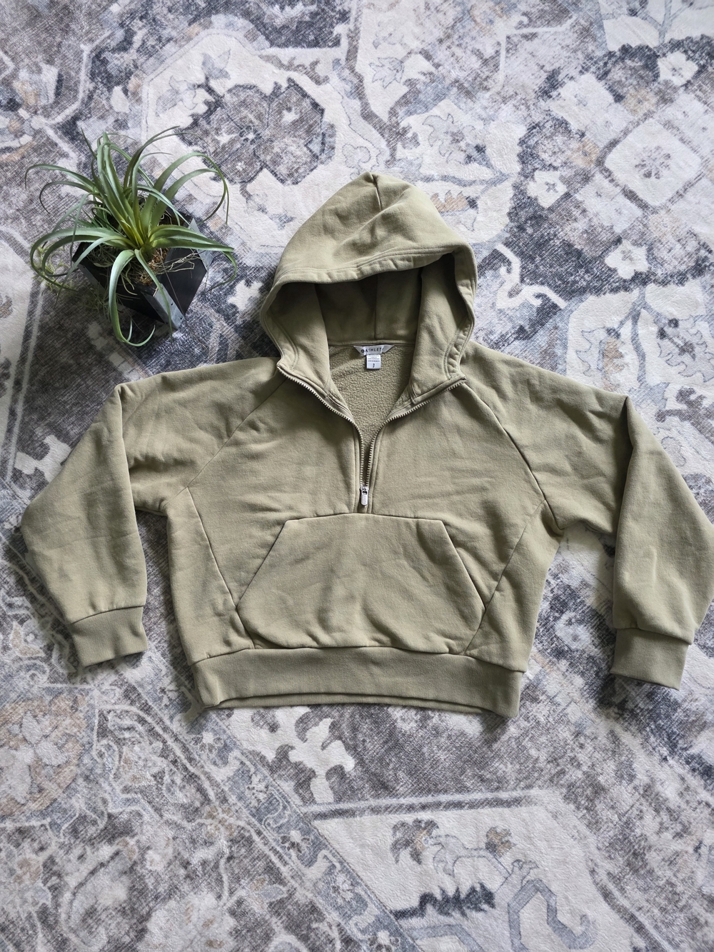 Athleta Women's Olive Half-Zip Hooded Cropped Sweatshirt, Small, Olive Green